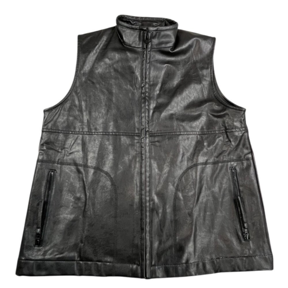 Arizona Jeans Biker Vest Womens XL Black Faux Leather Full Zip Moto Y2K Pockets